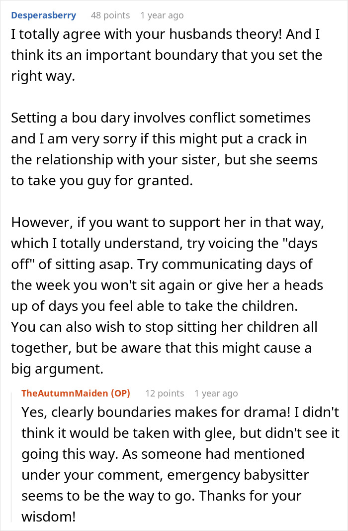 Reddit discussion about child-free lady setting boundaries on babysitting and its impact on her relationship with sister.