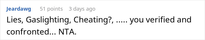 Screenshot of a Reddit comment discussing lies, gaslighting, and cheating in the context of a confrontation.