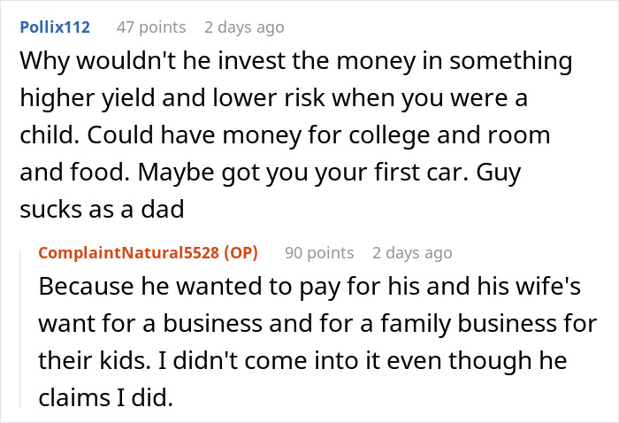 Screenshot of a Reddit conversation discussing a woman taking her dad to court over a $100K stolen inheritance dispute.