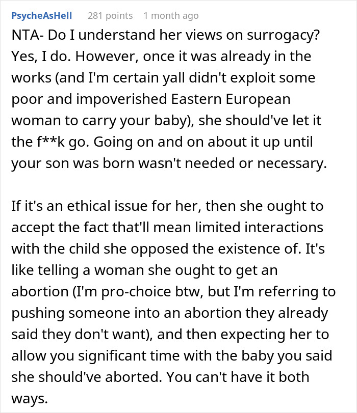 Comment discussing ethical issues and family conflict related to surrogacy and its impact on child visitation rights.