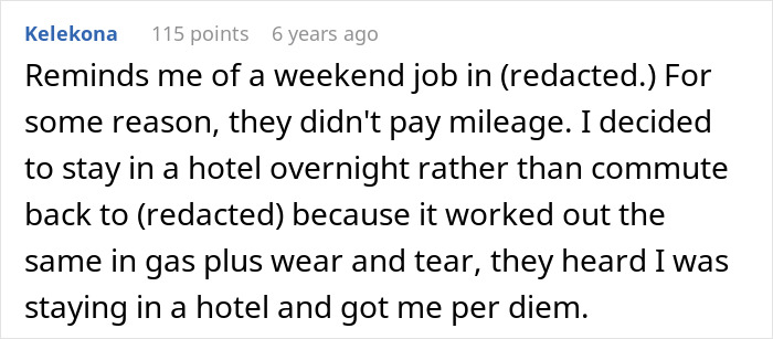 Comment about a man’s commute and work time, mentioning staying in a hotel to avoid extra travel hours. Comment about a man’s commute and work time, mentioning staying in a hotel to avoid extra travel hours.