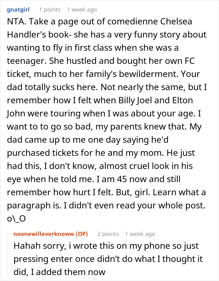 Reddit comments discussing a family vacation where the dad upgraded one kid to business class and told the other to deal with it. Reddit comments discussing a family vacation where the dad upgraded one kid to business class and told the other to deal with it.