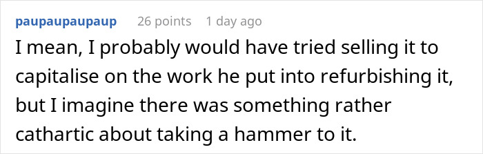 Screenshot of a Reddit comment discussing kitchen renovation frustration and taking a hammer to unfinished work.