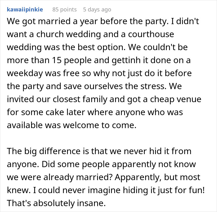 Comment explaining why wedding guests were shocked and confused after couple revealed they eloped three years earlier. Comment explaining why wedding guests were shocked and confused after couple revealed they eloped three years earlier.