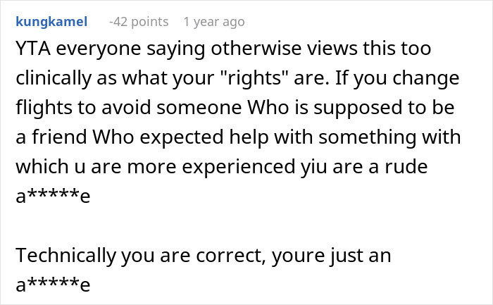 Screenshot of a Reddit comment discussing rebooking a flight to avoid babysitting a niece, highlighting user opinions. Screenshot of a Reddit comment discussing rebooking a flight to avoid babysitting a niece, highlighting user opinions.