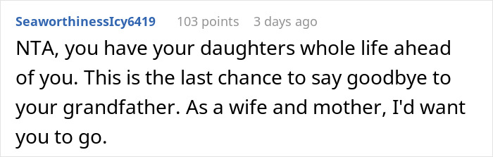 Screenshot of a Reddit comment discussing a man prioritizing a funeral over seeing his daughter and pregnant wife.