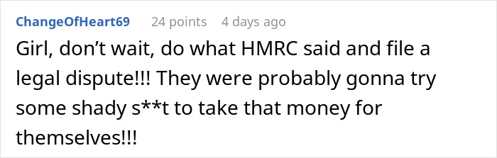 Screenshot of an online comment advising a pregnant woman to legally dispute a company denying maternity leave eligibility.