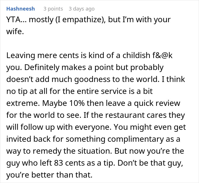 Comment discussing tipping 83 cents as childish and suggesting a 10% tip with a review instead, highlighting tipping debate.