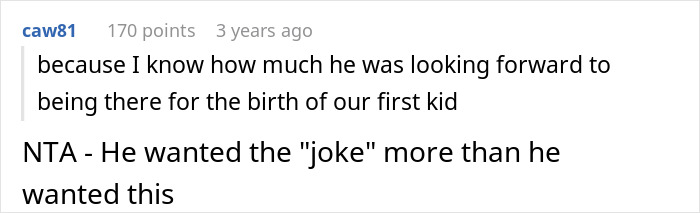 Screenshot of an online comment discussing a man furious after wife removes him from delivery room over prank.