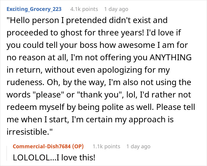 Reddit user sarcastically asks friend for a job referral years after ghosting post-divorce, sparking humorous reactions.