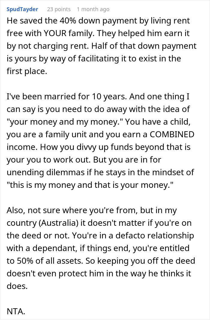 Text post discussing a woman at crossroads after partner of 10 years wants to buy a house only for him.