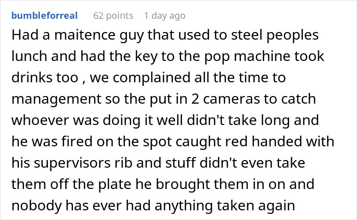 Screenshot of a comment describing a coworker who steals spicy lunch and the management catching him with cameras at work. Screenshot of a comment describing a coworker who steals spicy lunch and the management catching him with cameras at work.