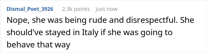 Text comment on screen about hosting hubby&rsquo;s Italian friend, mentioning spices and cappuccino after noon in a casual discussion.