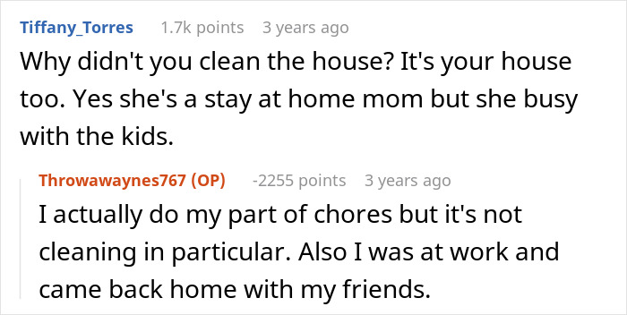 Reddit conversation showing a husband blaming ill wife for messy home after bringing guests over and arguing about chores.