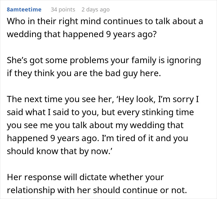 Comment showing frustration about cousin insulting wedding and clapping back about still being married in family dispute.