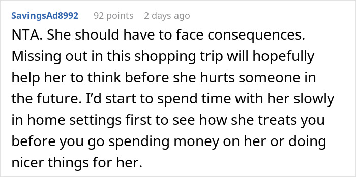 Comment discussing consequences for a teen niece who called aunt fat and ugly after a canceled shopping trip.