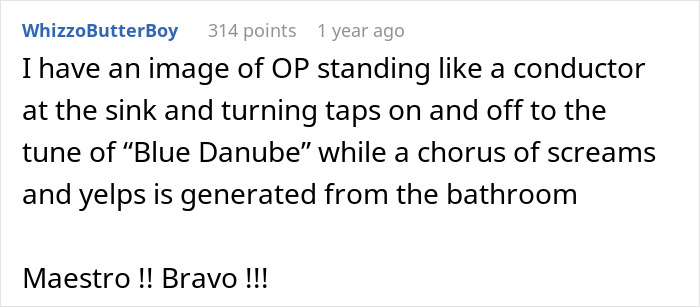 Man at sink controlling taps like a conductor, using a shower trick to teach his homophobic brother-in-law a lesson.