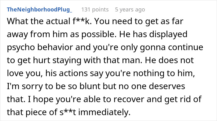 Comment warning about psycho behavior after guy feeds girlfriend slugs and pet snail, urging her to leave immediately.