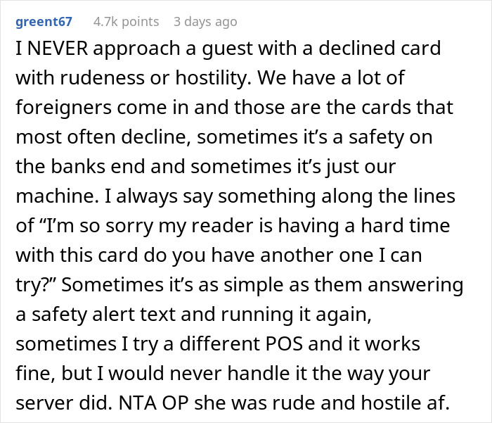 Comment discussing tipping etiquette and handling declined cards, related to the question about tipping 83 cents.