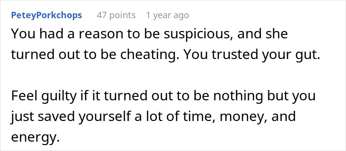 Comment discussing trusting suspicions and the impact of a private investigator&rsquo;s findings on a partner&rsquo;s infidelity.