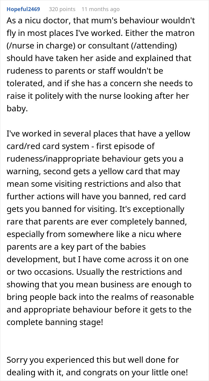 Comment from a NICU doctor explaining yellow card system for rude visitors and praising new mom’s handling of a nosy NICU neighbor. Comment from a NICU doctor explaining yellow card system for rude visitors and praising new mom’s handling of a nosy NICU neighbor.