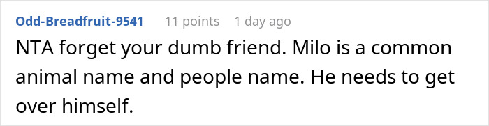 Comment about a friend claiming a cat name for their newborn, mentioning Milo as a common animal and people name. Comment about a friend claiming a cat name for their newborn, mentioning Milo as a common animal and people name.