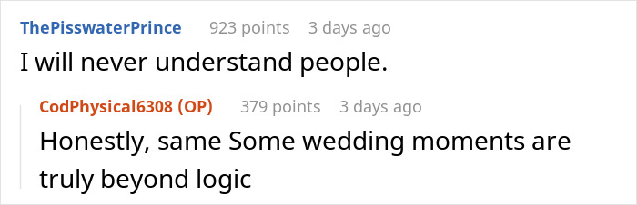 Screenshot of an online comment thread discussing how the groom&rsquo;s mom showing up in a wedding dress ruined the couple&rsquo;s big day.