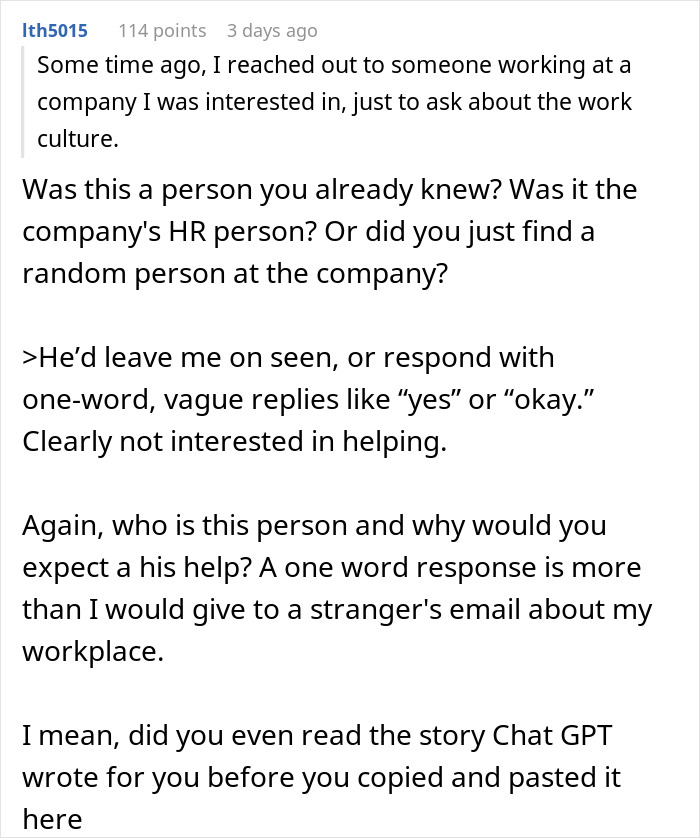 Comment thread discussing a worker who ignored career advice requests but became helpful after losing his job.