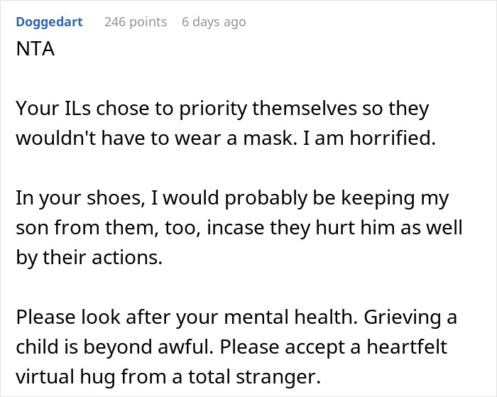 Screenshot of a Reddit comment discussing in-laws cutting contact and grief over a dying granddaughter.
