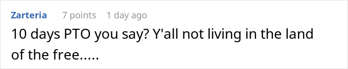 Comment text about using 10 days PTO humorously referencing free time and employee time off policies.