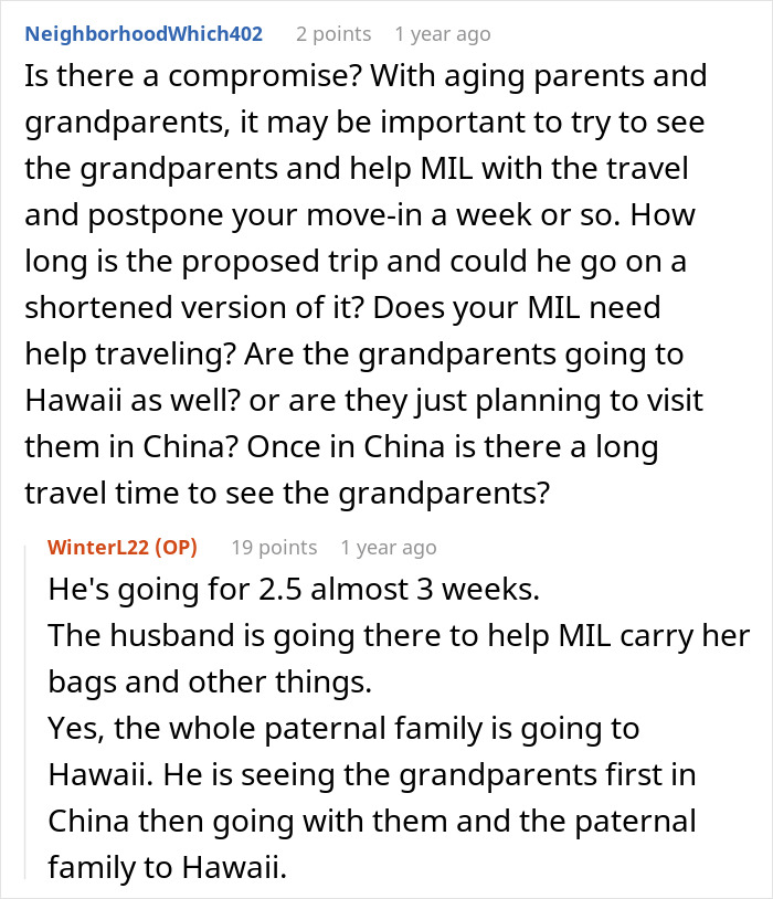Comment discussing married couple moving houses, husband traveling while wife handles everything alone.