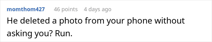 Reddit comment about a guy accusing his girlfriend of micro-cheating after finding an old photo of another man on her chest.