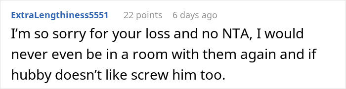 Comment expressing sympathy for a woman bashed for cutting contact with in-laws who ignored dying granddaughter.