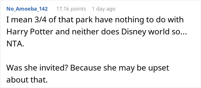 Screenshot of an online comment discussing Harry Potter Wizarding World and its connection to a man accused of supporting transphobia.