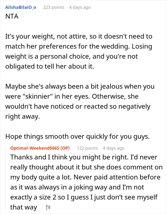 "I Was So Confused And Shocked": Woman Called Selfish By Bride Because She Lost Some Weight "I Was So Confused And Shocked": Woman Called Selfish By Bride Because She Lost Some Weight