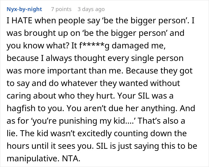 Comment expressing frustration about SIL’s rudeness and refusal to babysit niece after disrespectful behavior. Comment expressing frustration about SIL’s rudeness and refusal to babysit niece after disrespectful behavior.