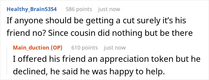 Screenshot of a Reddit conversation about a guy trying to cash in on a job his cousin found through a friend.