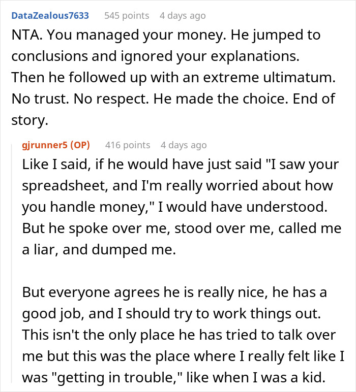 Reddit conversation about a man furious his girlfriend let him break up over inability to read an Excel document. Reddit conversation about a man furious his girlfriend let him break up over inability to read an Excel document.