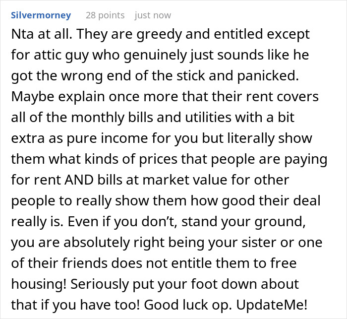 Screenshot of a Reddit comment discussing a woman&rsquo;s roommates and sisters reacting to her secret house ownership.