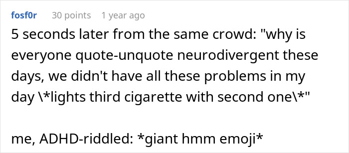 Screenshot of a Reddit comment about neurodivergence, reflecting frustration with boomer relatives undermining kids' healthy habits.