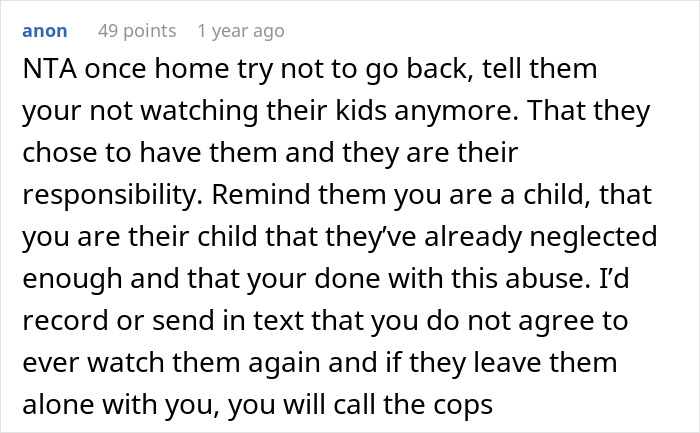 Screenshot of an online comment about a teen girl’s struggle to babysit challenging step-siblings and setting boundaries. Screenshot of an online comment about a teen girl’s struggle to babysit challenging step-siblings and setting boundaries.