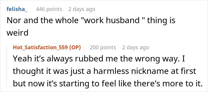 Screenshot of an online discussion about refusing to let a wife&rsquo;s work husband join a family vacation.