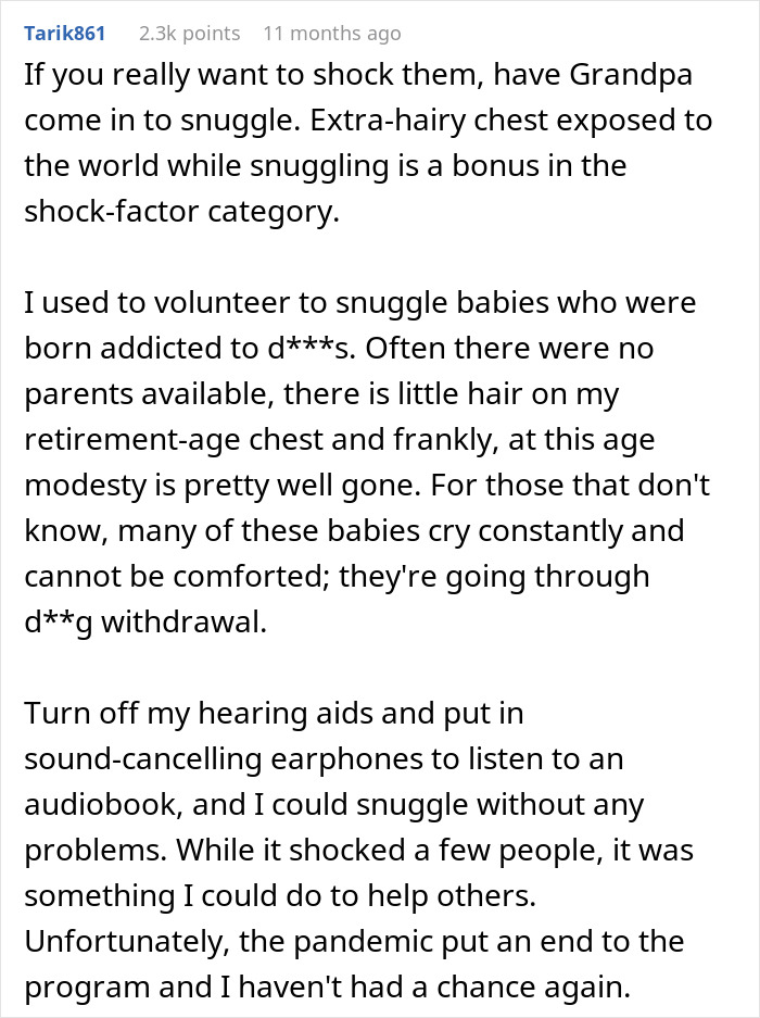 Comment discussing a new mom’s hilarious malicious compliance to handle a nosy NICU neighbor with snuggling advice. Comment discussing a new mom’s hilarious malicious compliance to handle a nosy NICU neighbor with snuggling advice.