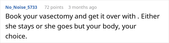 Comment text on a white background discussing choice between marriage and having a third child in a family debate. Comment text on a white background discussing choice between marriage and having a third child in a family debate.