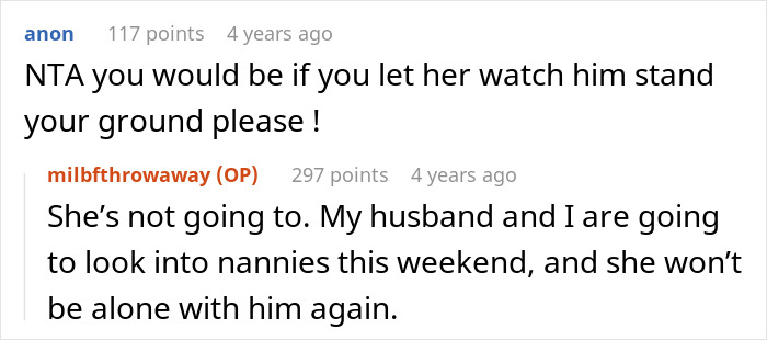 Screenshot of a Reddit conversation discussing a mother-in-law caught trying to breastfeed a baby, causing mom to be furious.