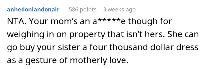 Comment on wedding dress sisters drama discussing a mother's harsh opinion about an expensive dress and family conflict.