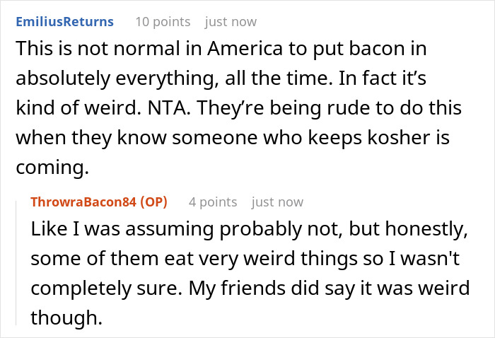 Comment thread discussing a family putting bacon in everything despite a guest being Jewish and keeping kosher.