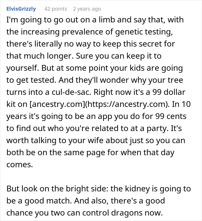 Comment discussing genetic testing revealing close relation and perfect kidney match between husband and wife. Comment discussing genetic testing revealing close relation and perfect kidney match between husband and wife.
