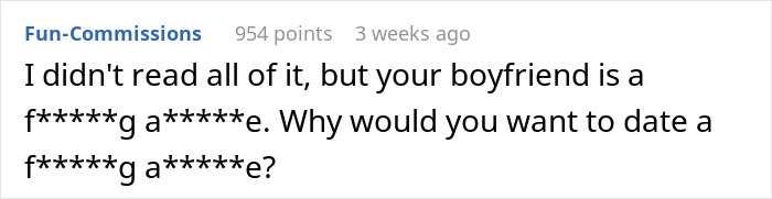Screenshot of a Reddit comment discussing a boyfriend yelling at his girlfriend for not wearing sexy clothes.