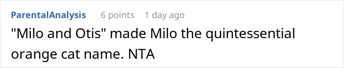 Comment discussing Milo as a quintessential orange cat name in a friend claims cat name newborn debate. Comment discussing Milo as a quintessential orange cat name in a friend claims cat name newborn debate.